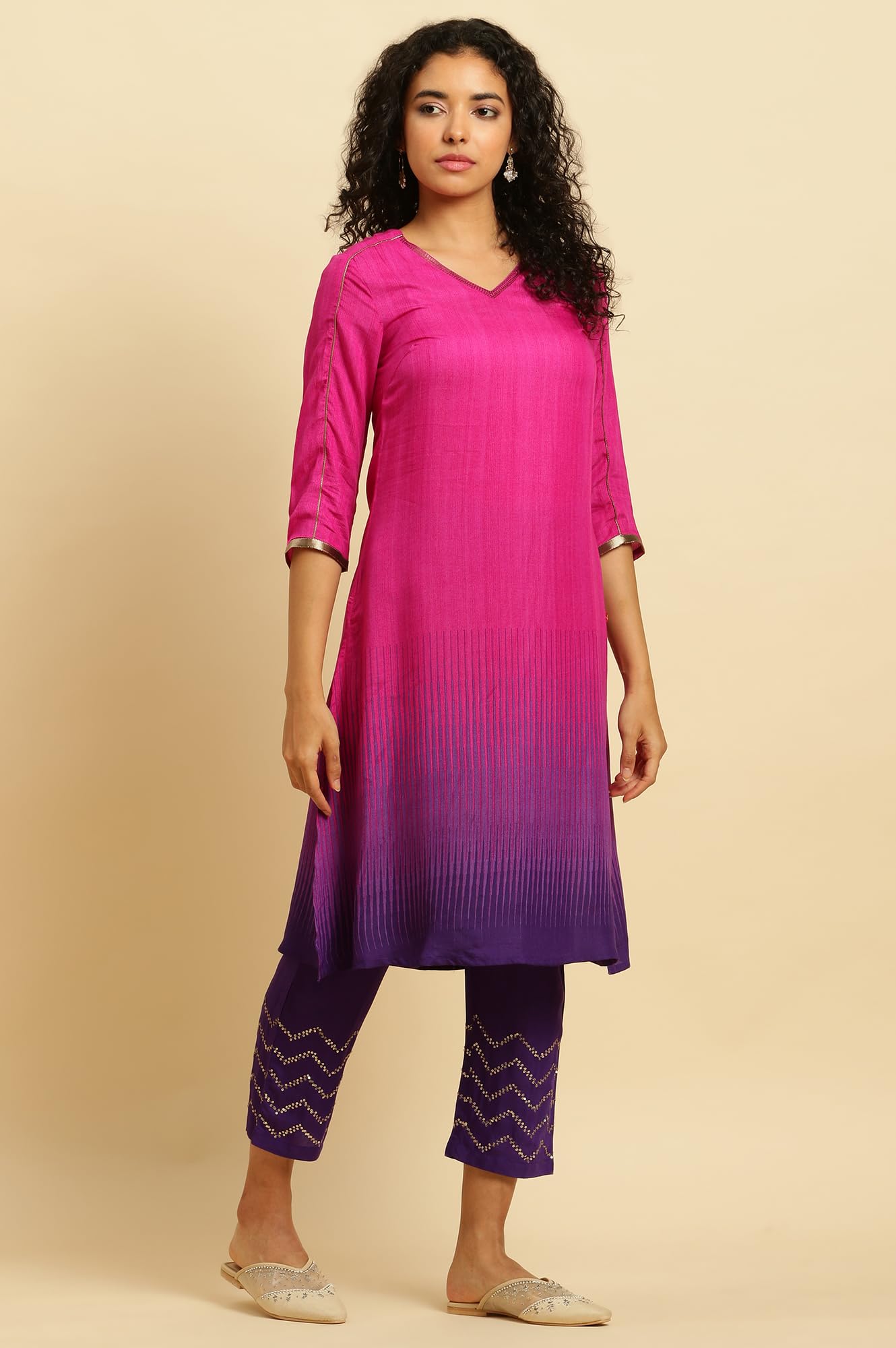 W for Woman Magenta Pink Ombre A-Line Kurta, Pants And Dupatta Set (Size: L)-23AUWS19959-122259