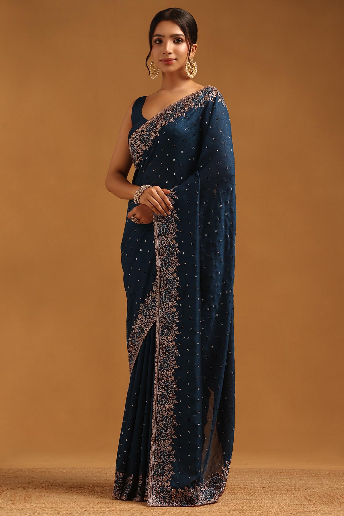 Soch Womens Blue Tussar Embellished Saree With Stone Work