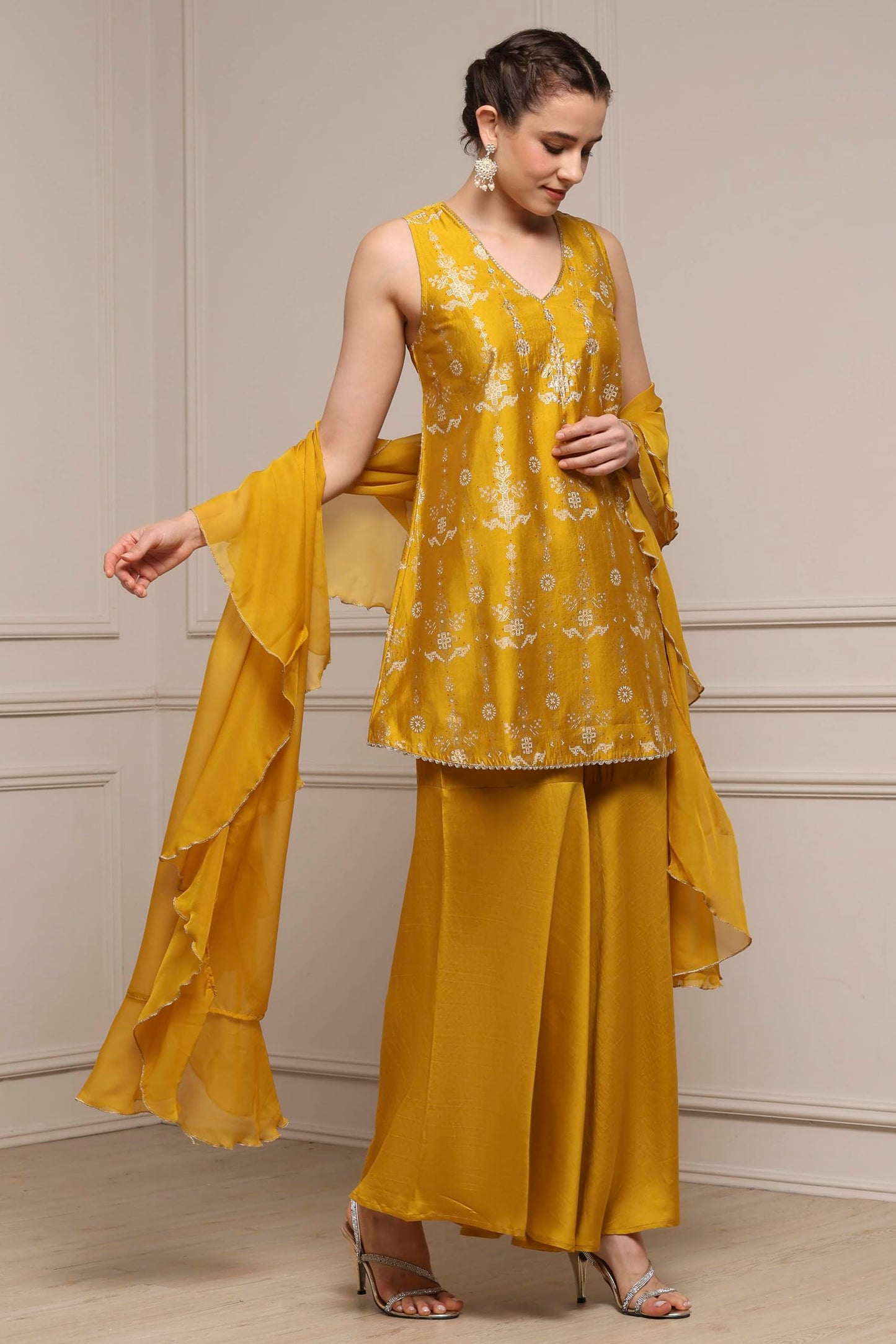 Biba Women Yellow Viscose Blend A-Line Printed Garara Suit Set_34