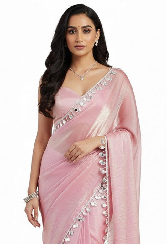 SATAZ Saree For Women Satin Tissue Silk With Mirror Lace And Unstitched Blouse Rose Pink (Unstitched - Not Pleated)
