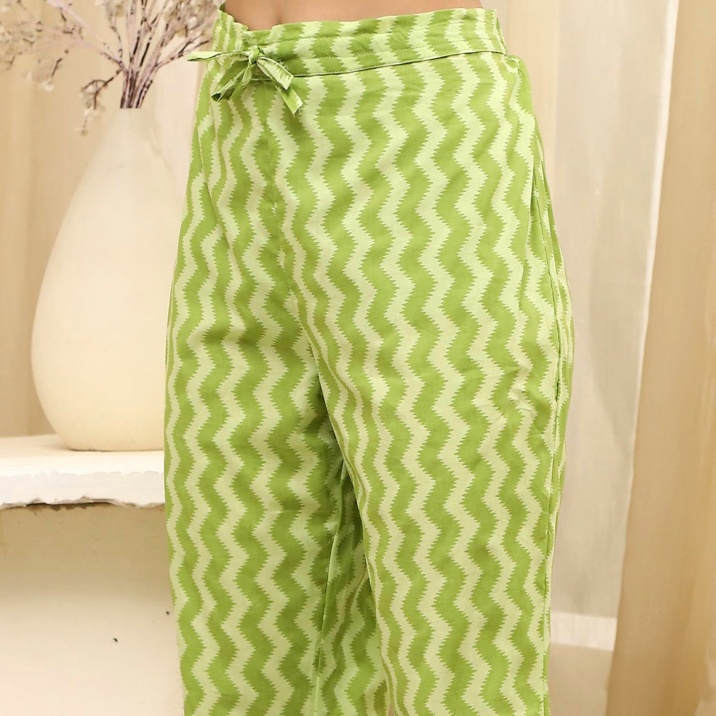 BIBA Women Lime Green Cotton Screen Print Unstitched Suit Set_FREE SIZE