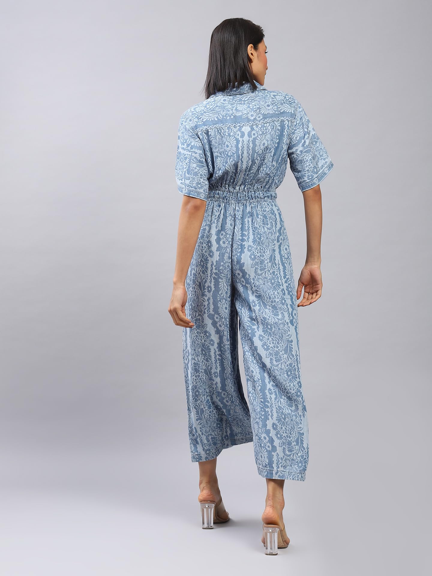 Label RITU KUMAR Blue Floral Print Denim Jumpsuit