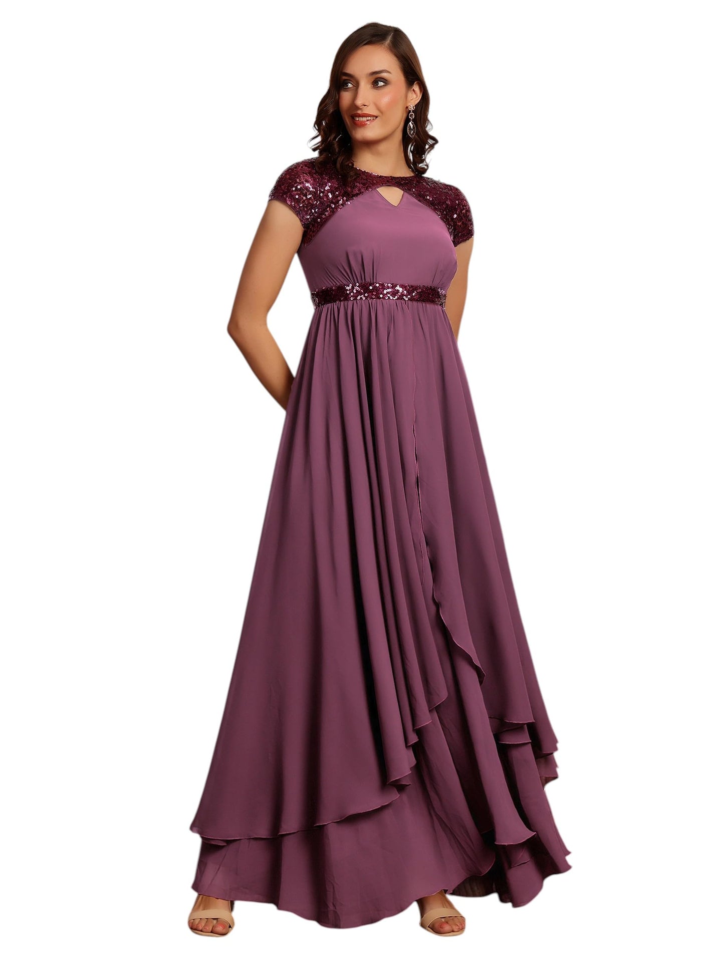 Miss Chase Womens Keyhole Short Sleeve Embellished Layered Georgette Maxi Dress (MCSS23D06-67-271-04, Mauve, M)