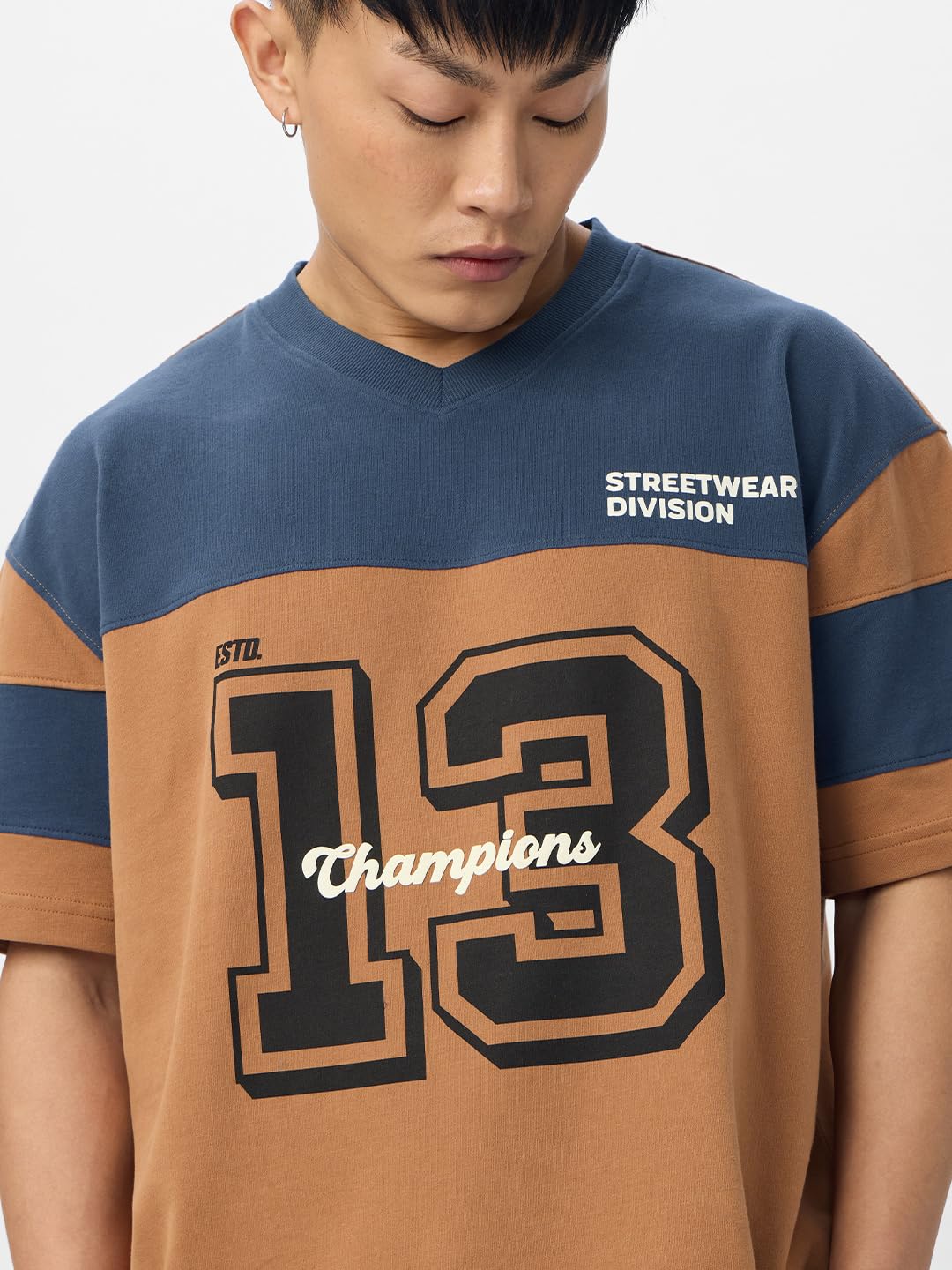 The Souled Store Colourblock: Teal Terrain Men and Boys Short Sleeves V Neck Brown and Blue Cotton Oversized T-Shirts