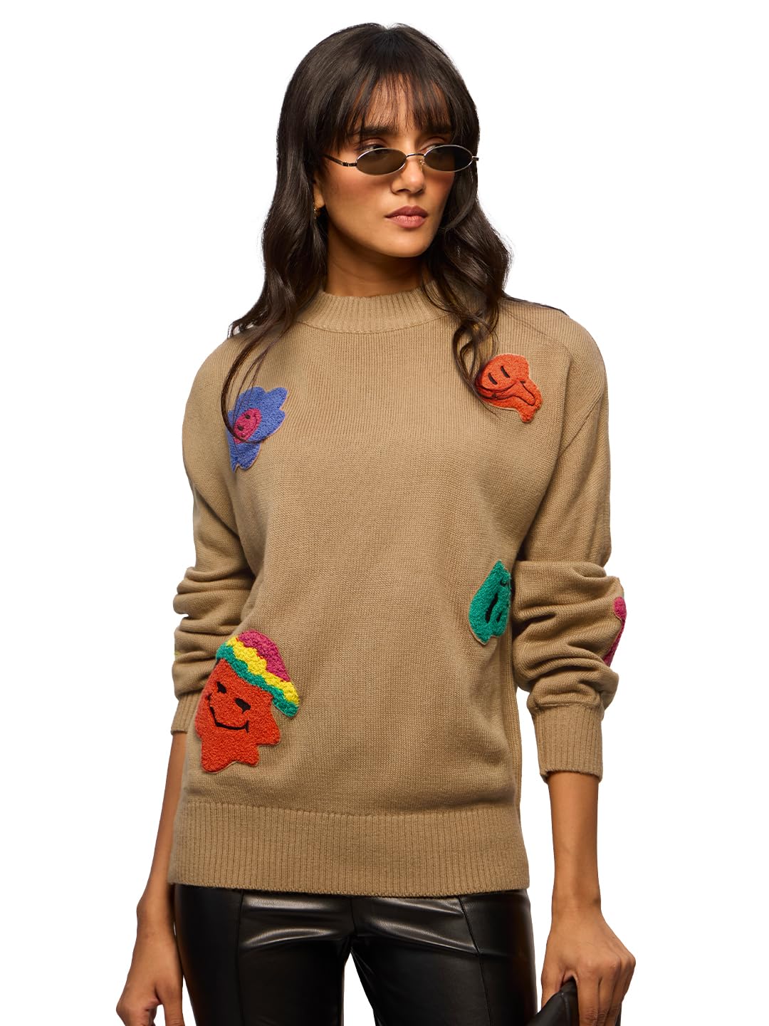 The Souled Store Originals : Trippy Smiles Cable Knit Women Oversized Sweater Beige