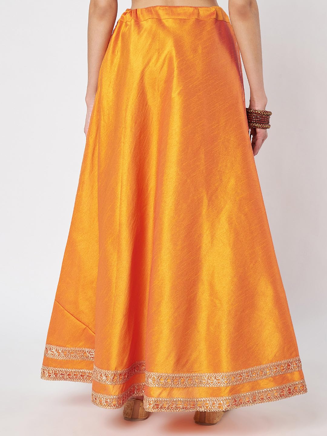 studio rasa Women's Dupion Solid Embellished Bias Skirt for Festive Party Wedding (SKTC42501L_Orange_Large)
