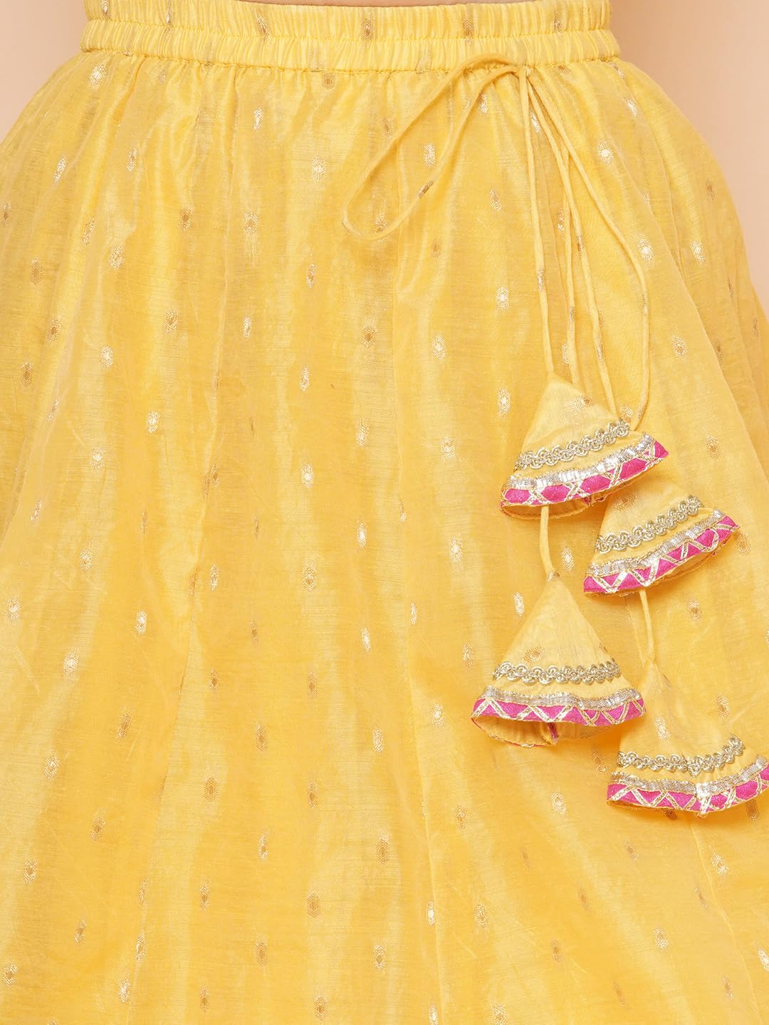 Bitiya by Bhama Girls Yellow Jacquard booti Lehenga Choli Ready to Wear with Pink Dupatta