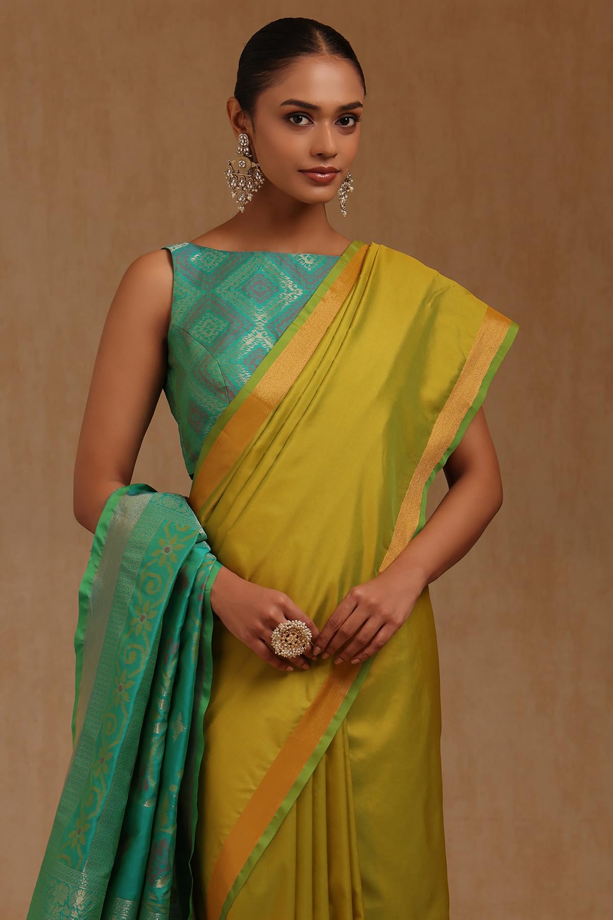 Soch Womens Light Green Silk Blend Solid Saree