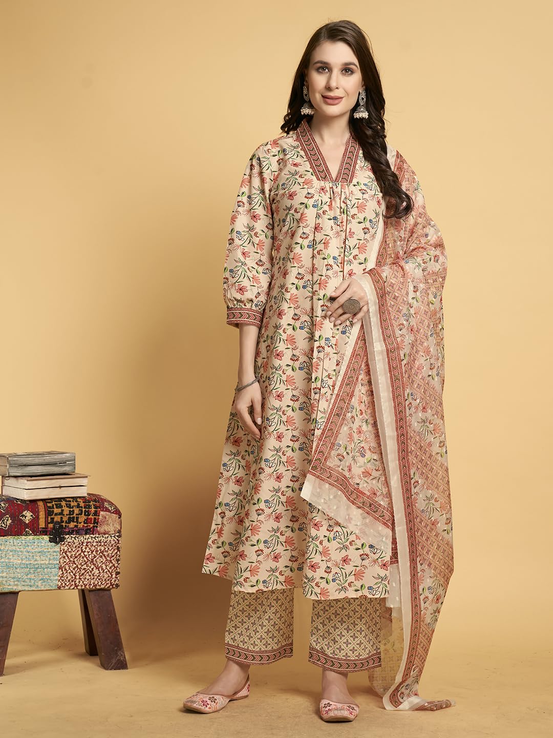 V4M Women's Peach Floral Printed A-Line Kurta Set | Kurta Pant With Dupatta