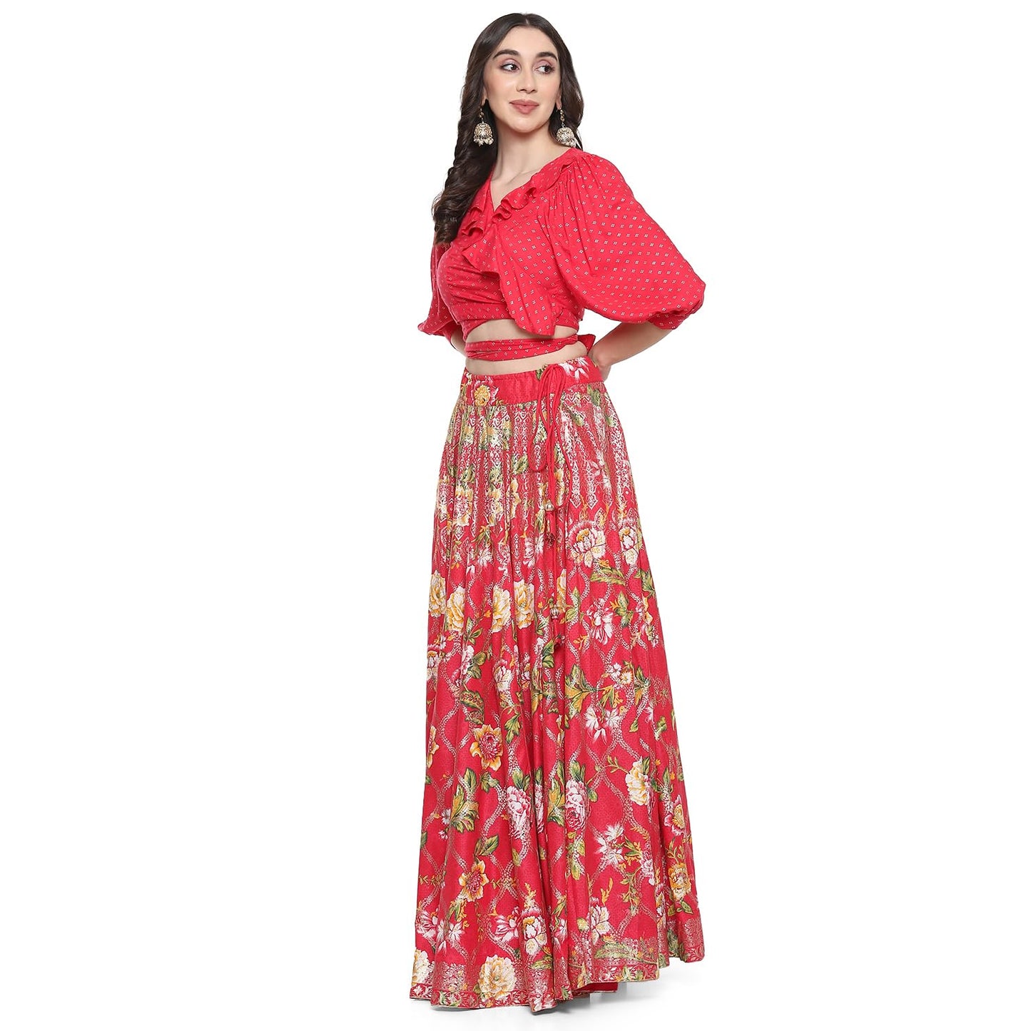 BIBA Women Rayon Printed Lehenga Set (SKIRTSE2113AW23FUS_Pink_L)