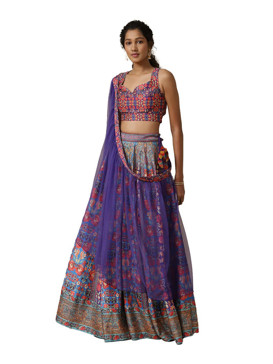 Aarke Ritu Kumar Women's Purple Floral Printed Polyester Readymade Lehenga Choli Set