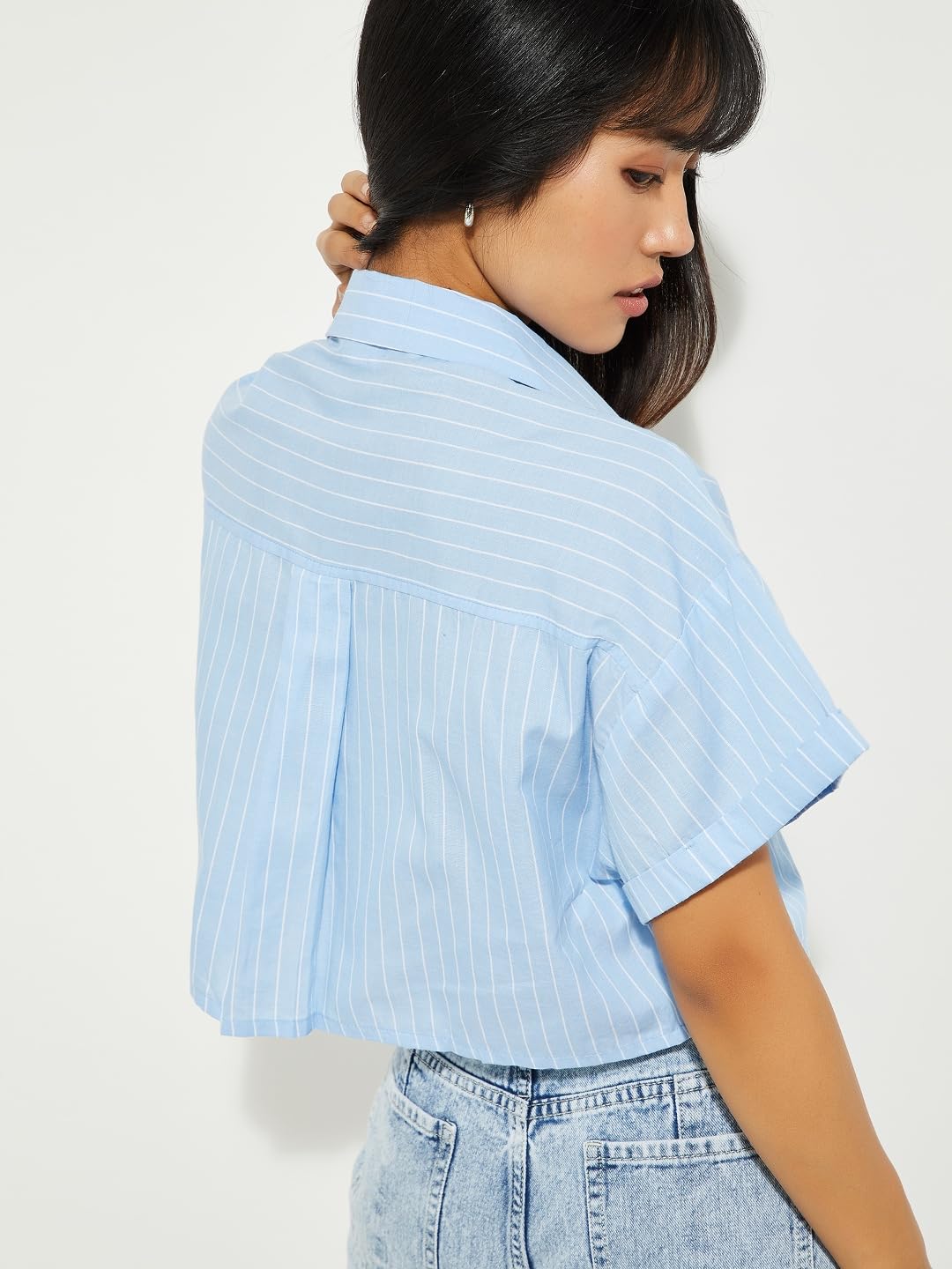 Max URB_N Women Checked Crop Shirt (Blue_M)