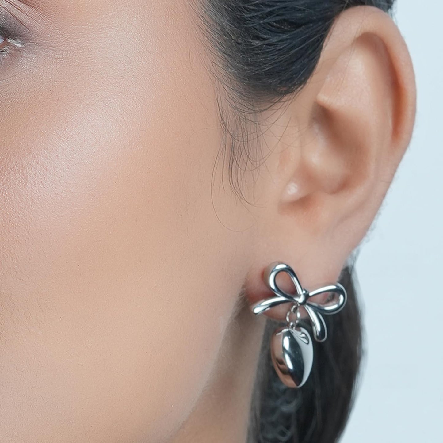 Aaishwarya 18K Silver Plated, Waterproof, Anti-Tarnish, Stainless Steel, Bow and Heart Drop Stud Earrings | Gift for Women and Girls