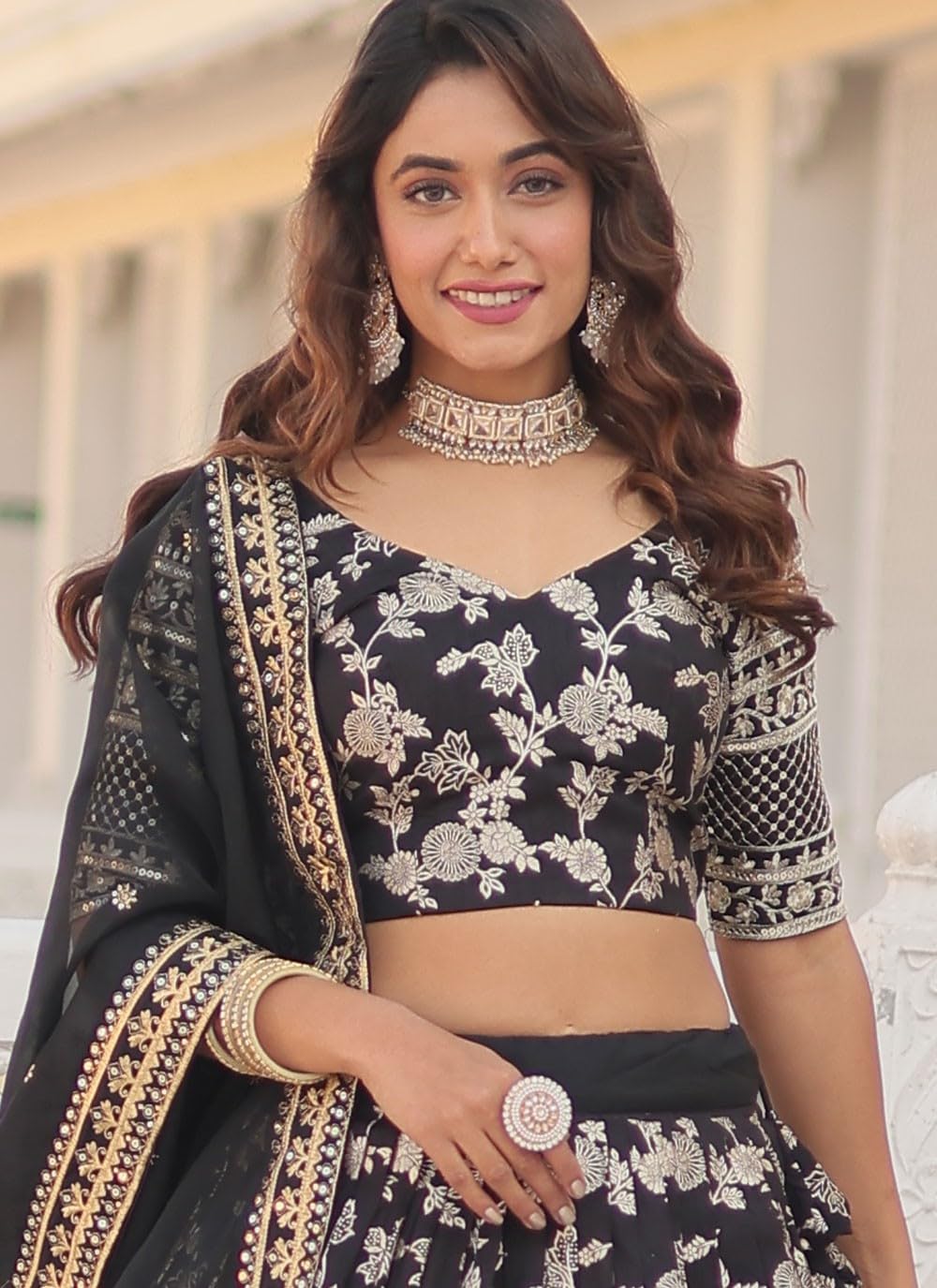 NONITA FASHION Black Georgette Lehenga, Floral Jacquard Embroidery, Mirror Work