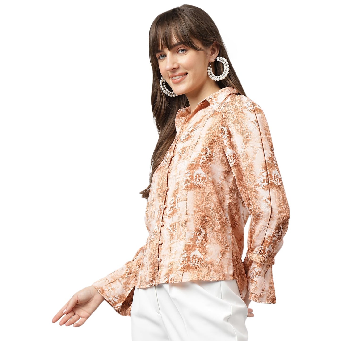 Latin Quarters Women Brown Full Sleeve Spread Collar Printed Shirt for Casual Wear_L