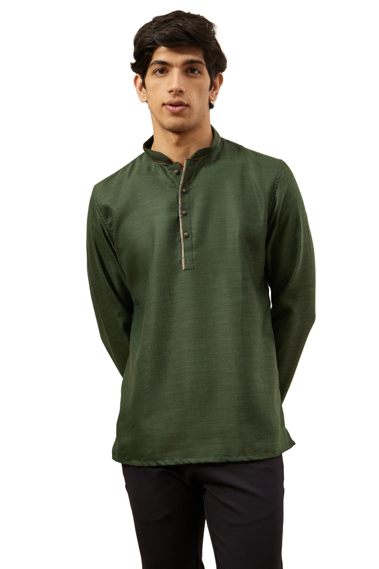 Manyavar Men's Short Kurta, Full Sleeves Mandarin Collar Ethnic Waist Length Kurta Only, Kurta for Festival, Wedding, Blended Viscose(Green - 1, L)