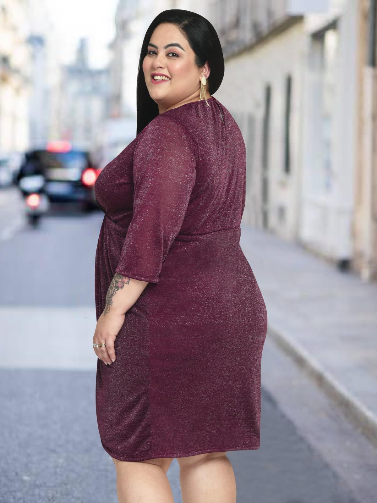 wild U Women Plus Size Cocktail Dress | Shimmery | Wrap | Stretchable | Western Stylish (Wine - 6XL)