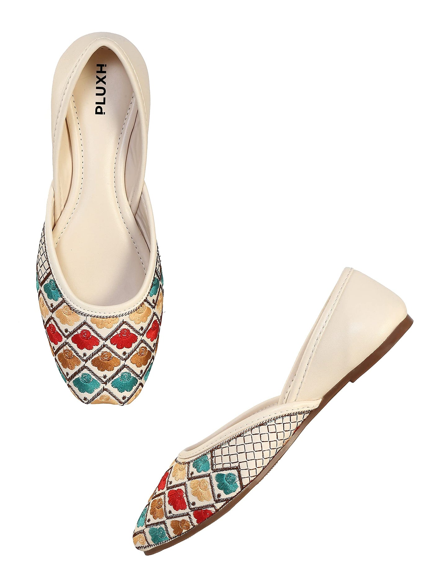 Pluxh Women's Butter Milk Designer Emboidery Ethnic Shoes Punjabi Jutis 6 Uk, Multi, Size_5