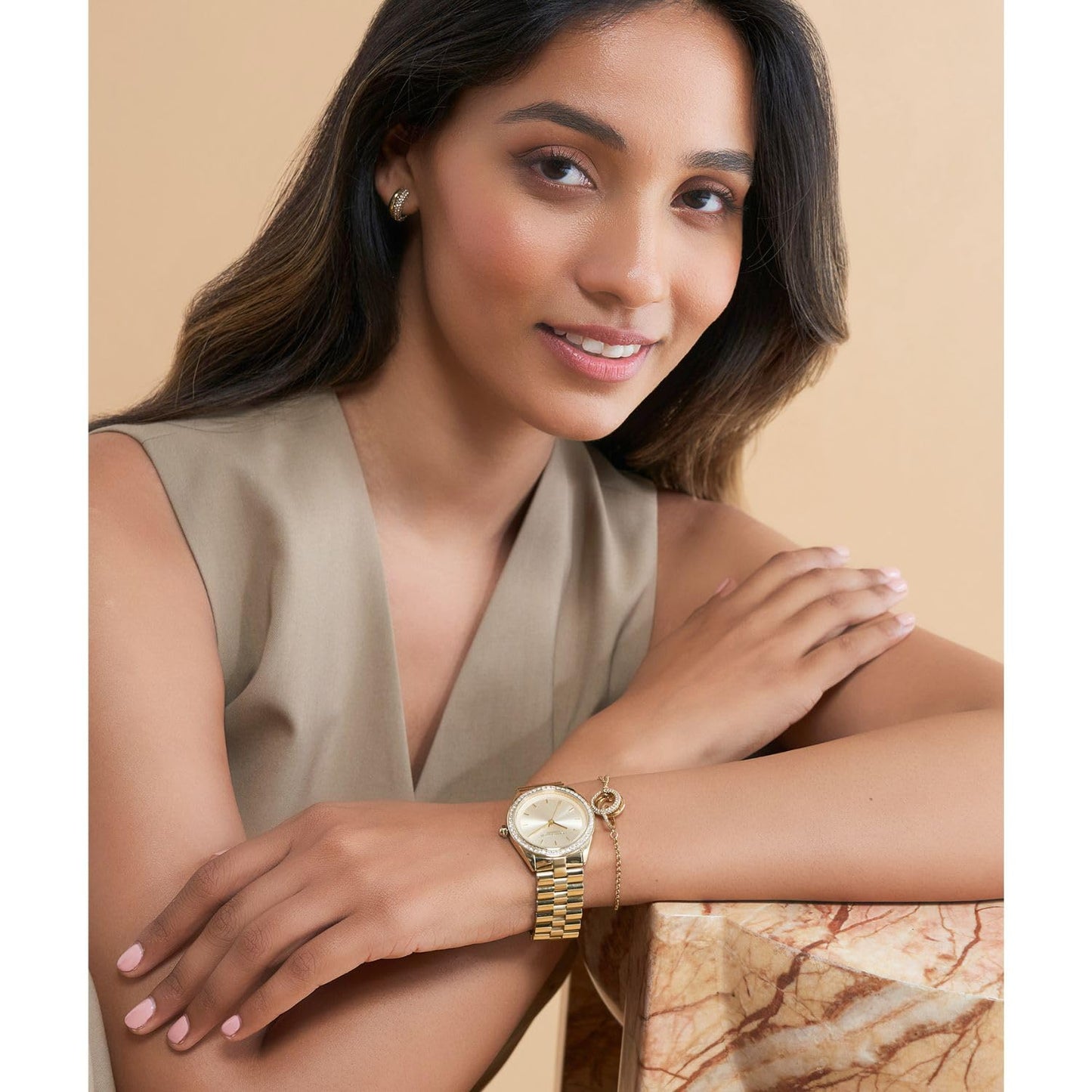 Olivia Burton Bejewelled Qtz Basic Light Gold Round Dial Women's Watch|Ionic Plated Thin Gold Steel Material|Gold Color Band - 24000135