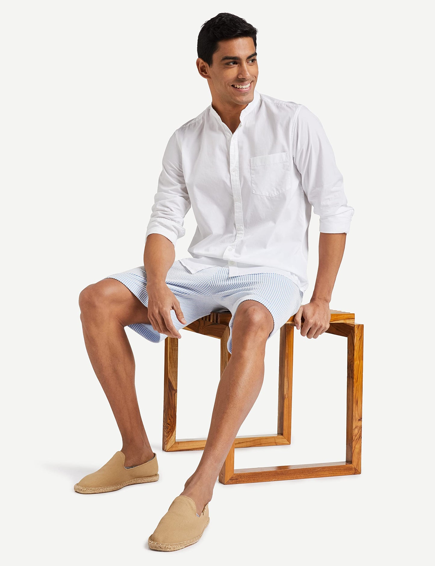 Amazon Brand - Symbol Men's Cotton Shirt | Chinese Collar | Casual | Plain | Full Sleeve | Summer - Regular Fit (Available In Plus Size, White_M)