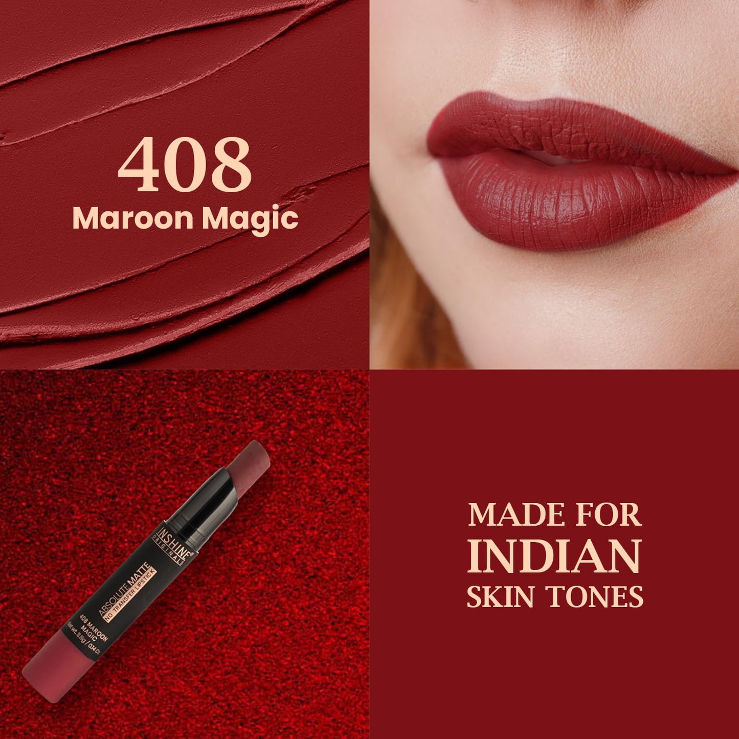 INSHINE Absolute Matte Lipstick - Long-lasting, Transfer-resistant, Velvety Matte Finish with Intense Color, Up to 12 Hours Wear | Perfect for Sophisticated Lips - MAROON MAGIC
