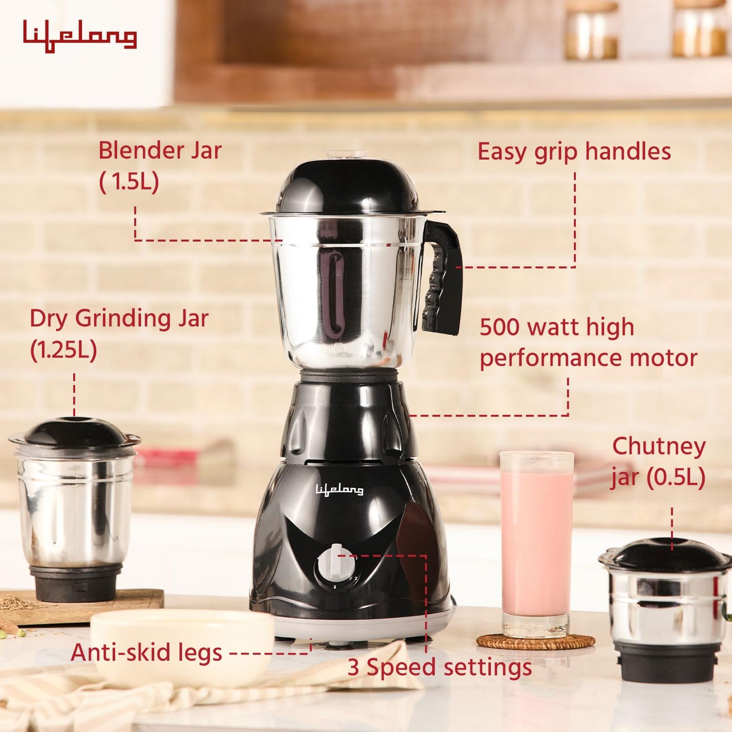 Lifelong LLMG23 Power Pro 500-Watt Mixer Grinder with 3 Jars (Liquidizing, Wet Grinding and Chutney Jar), Stainless Steel blades, 1 Year Warranty (Black)