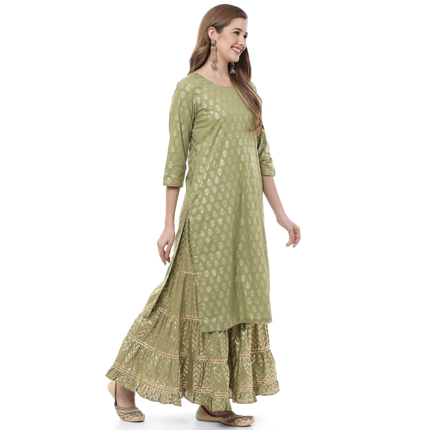 Rangriti Women's Cotton Kurta With Palazzo & Dupatta (190743_Olive Green_36)