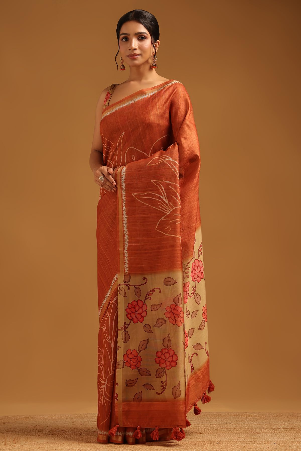 Soch Womens Rust Tussar Floral Saree