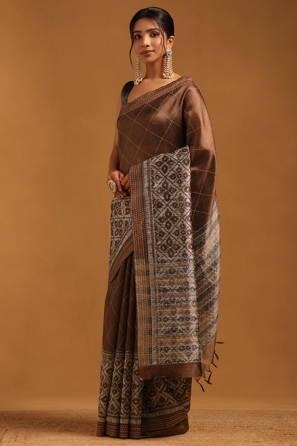 Soch Womens Brown Tussar Geometric Saree With Kantha Embroidery
