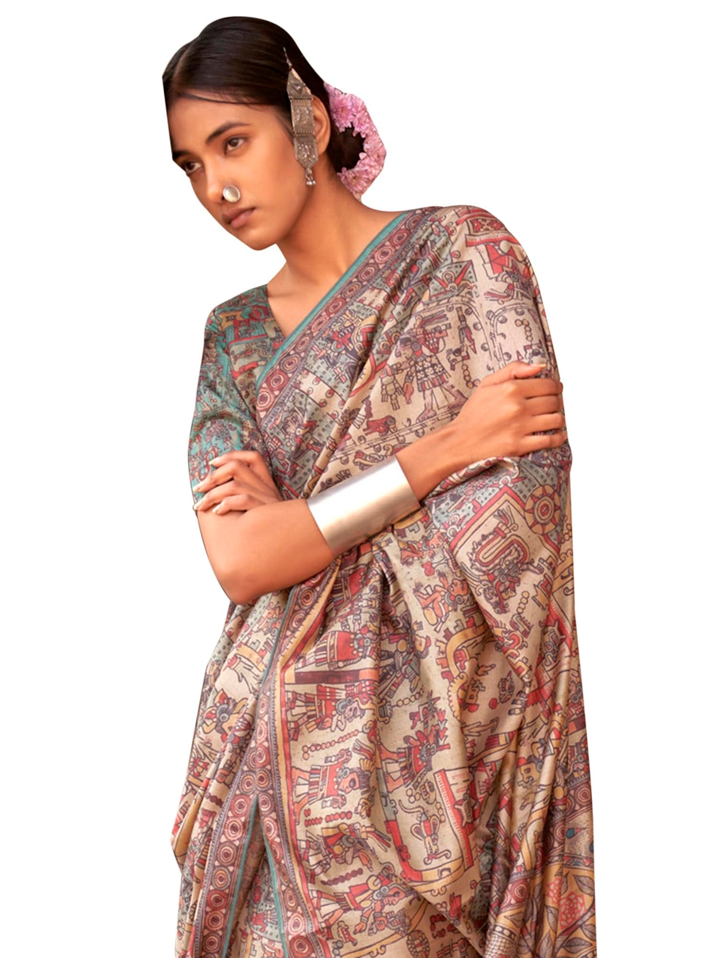 SAREE MALL Women's Banarasi Silk Madhubani Printed Saree With Unstitched Blouse Piece(Beige_PUSHPMNDI105_RS)
