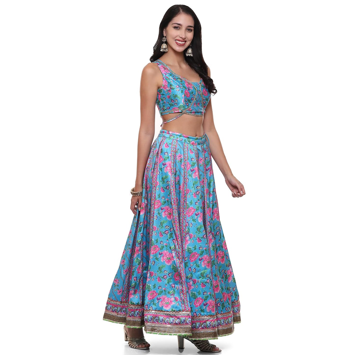 BIBA Womens Polyester Blend Printed Straight Lehenga Set(Skdassorted9040_Turquoise_M) Readymade Turquoise M