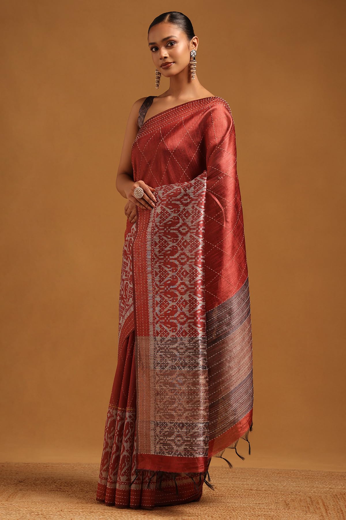 Soch Womens Rust Tussar Geometric Saree With Kantha Embroidery and Threadwork