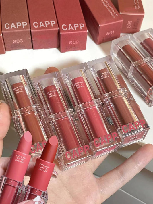 Cappuvini Creamy Matte Mousse Lipstick | Waterproof Smudge-Proof Formula | Comfort with High Pigmentation | Curated Shades Including Nude Brown Coral Terracotta | Transfer-Resistant Long Lasting | Clean Girl Aesthetic Kawaii Packaging | Buildable Coverage