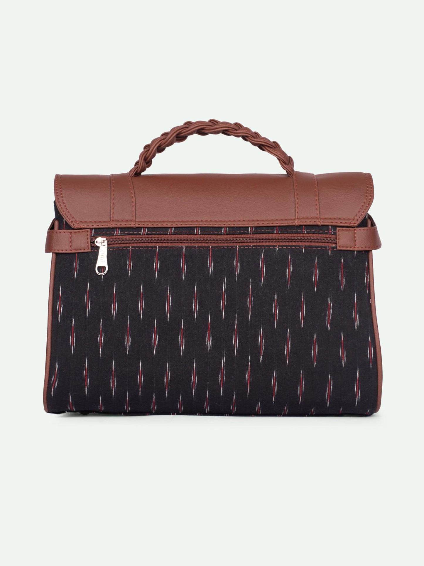 ZOUK Konkona Heritage Satchel Bag - Ikat GreRed | Jute | Vegan Leather Handcrafted With Detachable Sling Strap| Black and Red