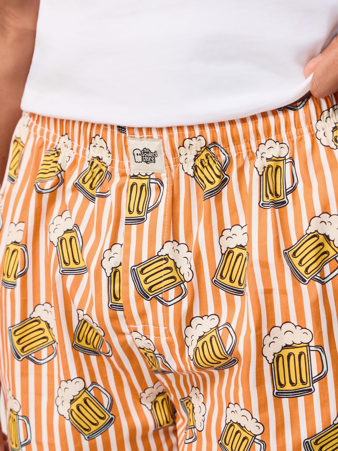 The Souled Store Beer Mug Men and Boys Elastic Waistband Orange and White All-Over Print Cotton Regular Fit Lightweight Sleepwear Pyjamas
