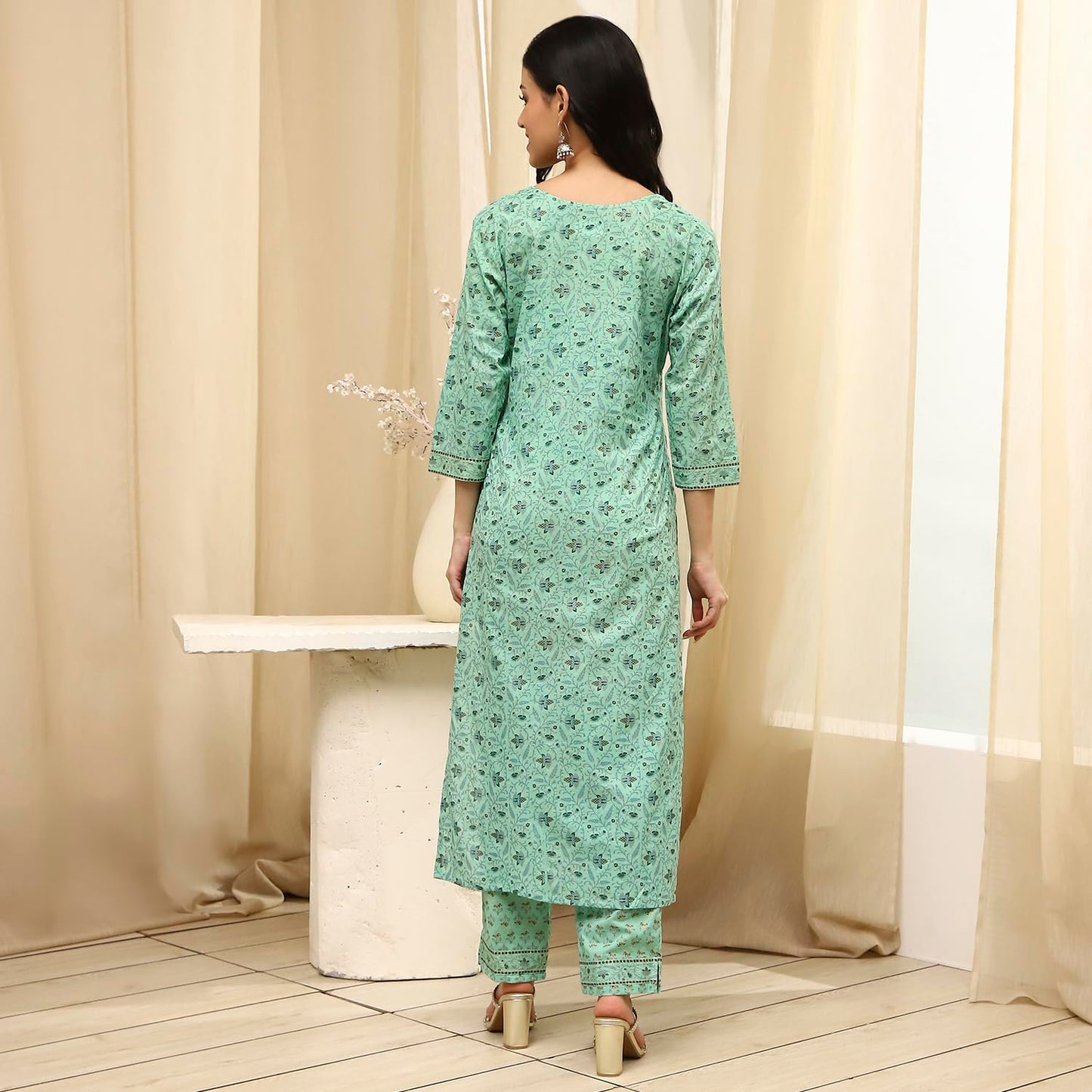 BIBA Women Green Cotton Screen Print Unstitched Suit Set_FREE SIZE