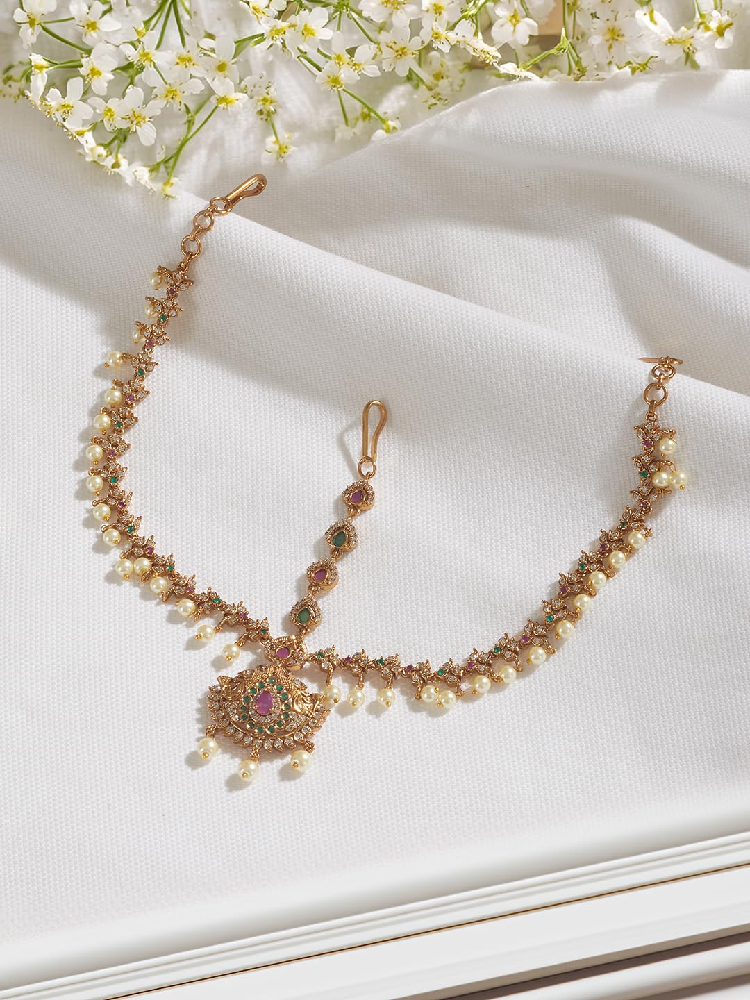 Saraf RS Jewellery- AD Studded Beaded Bridal Matha Patti With Maangtika