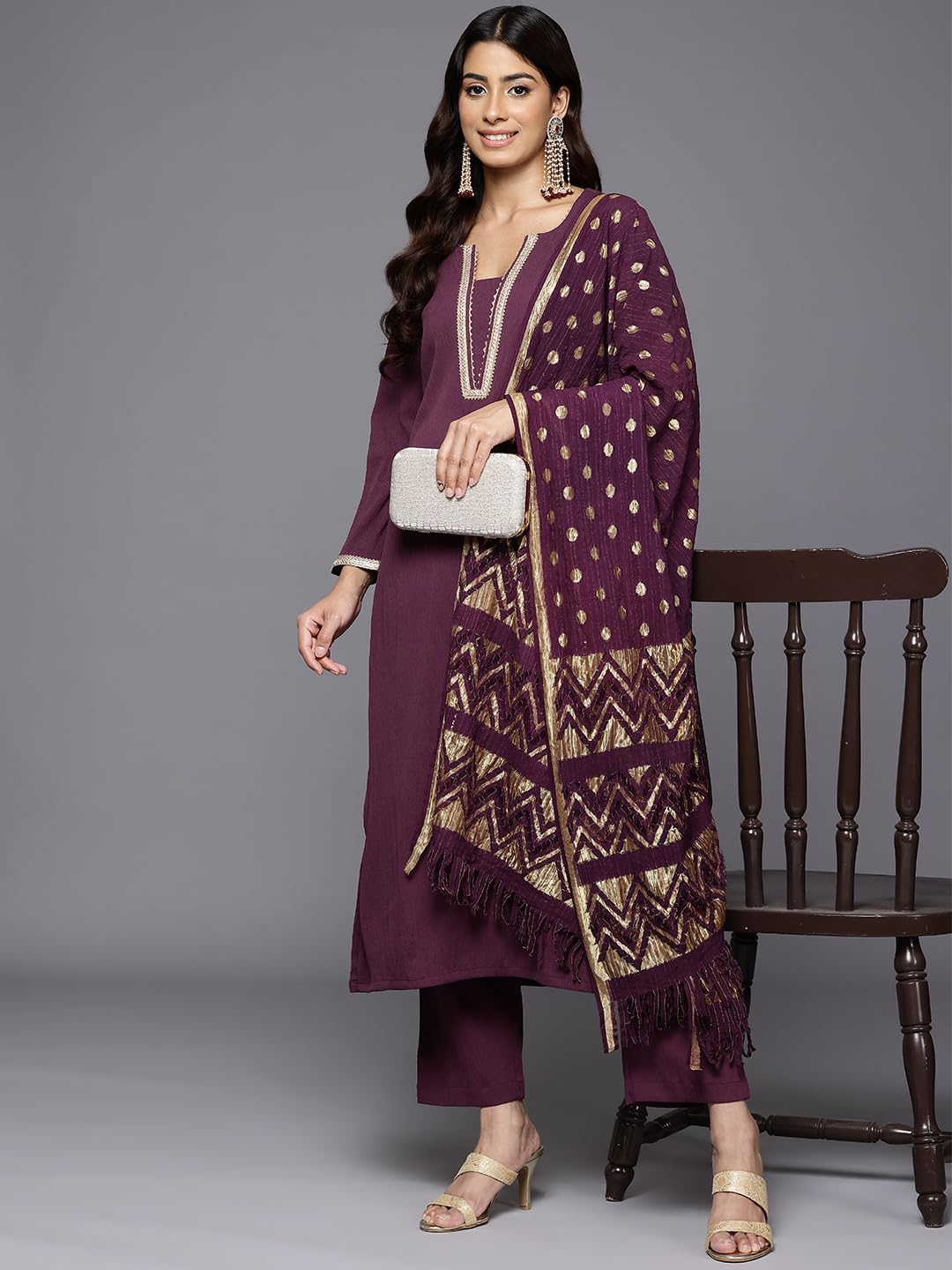 Varanga Women Purple Gota Lace Embellished Kurta Set with Bottom & Dupatta - Stylish Kurti Pant Set for Women, Wedding Dress (Medium)