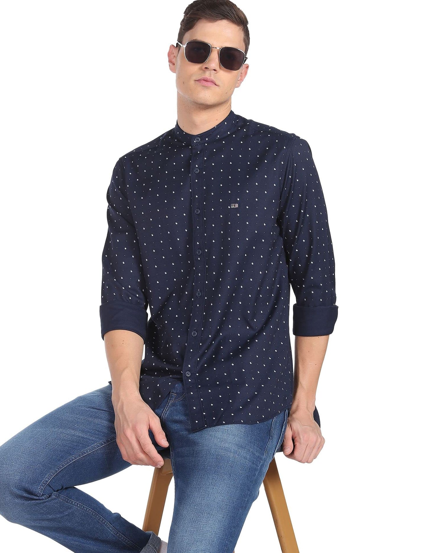 Arrow Men Navy Mandarin Collar Paisley Print Casual Shirt(ASAESH1303,Navy,39)