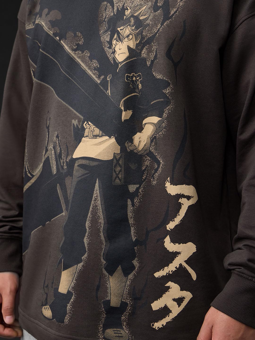The Souled Store Black Clover: Asta Men and Boys Long Sleeves Round Neck Charcoal Grey Graphic Printed Anime Drop Shoulder Casual Drop Shoulder Oversized Full Sleeve T-Shirt