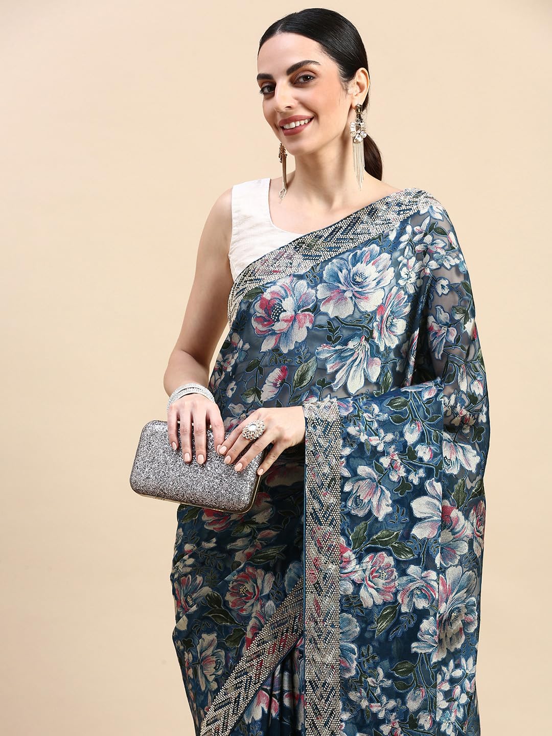MOHEY Blue Organza EMBROIDERY|Cutdana|Printed|Stone Saree for Women