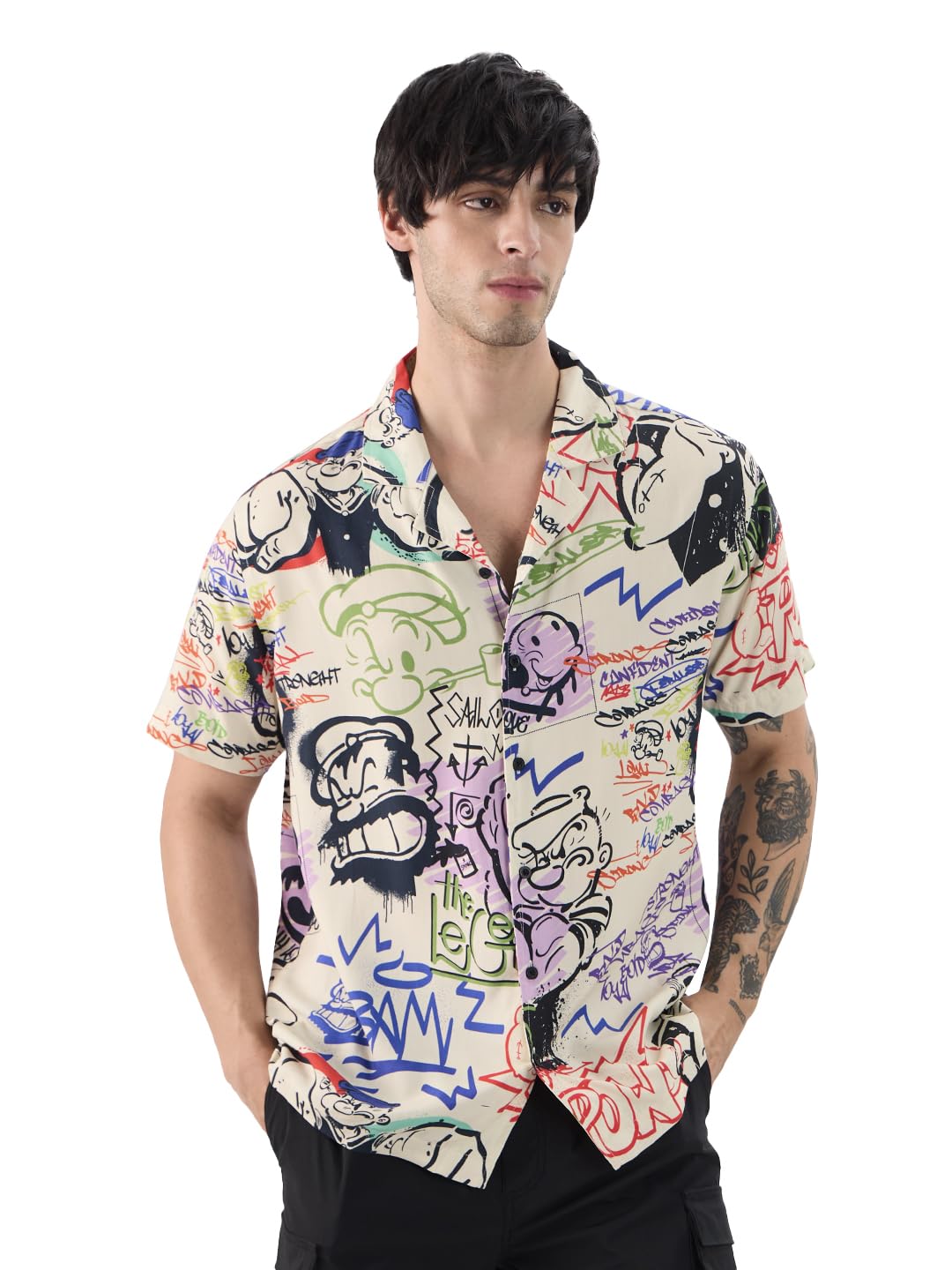 The Souled Store Official Popeye: Graffiti Men and Boys Short Sleeves Collared Neck Button Front Multicolor All Over Printed Rayon Holiday Shirts