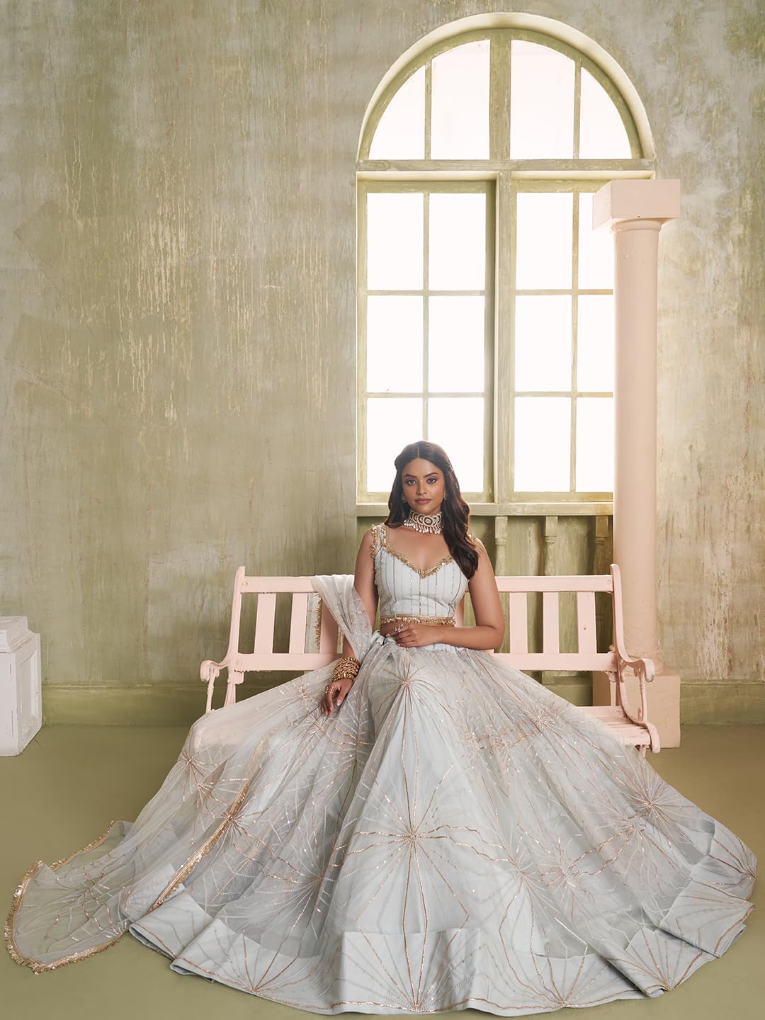 Zeel Clothing Women's Net Semi-Stitched Thread Sequins Work Embroidery Soft Lehenga Choli with Dupatta (NFH-2207-Light-Grey--Lehenga-Choli-Latest; Free Size)