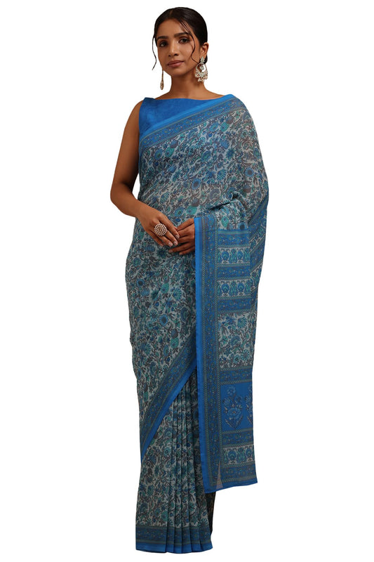 Soch Womens Blue Georgette Floral Print Saree