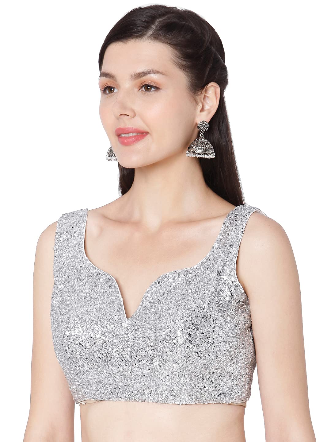 S SALWAR STUDIO Women's Silver Sequence Work Embroidered Readymade Saree Blouse-SSB3817-SLVR