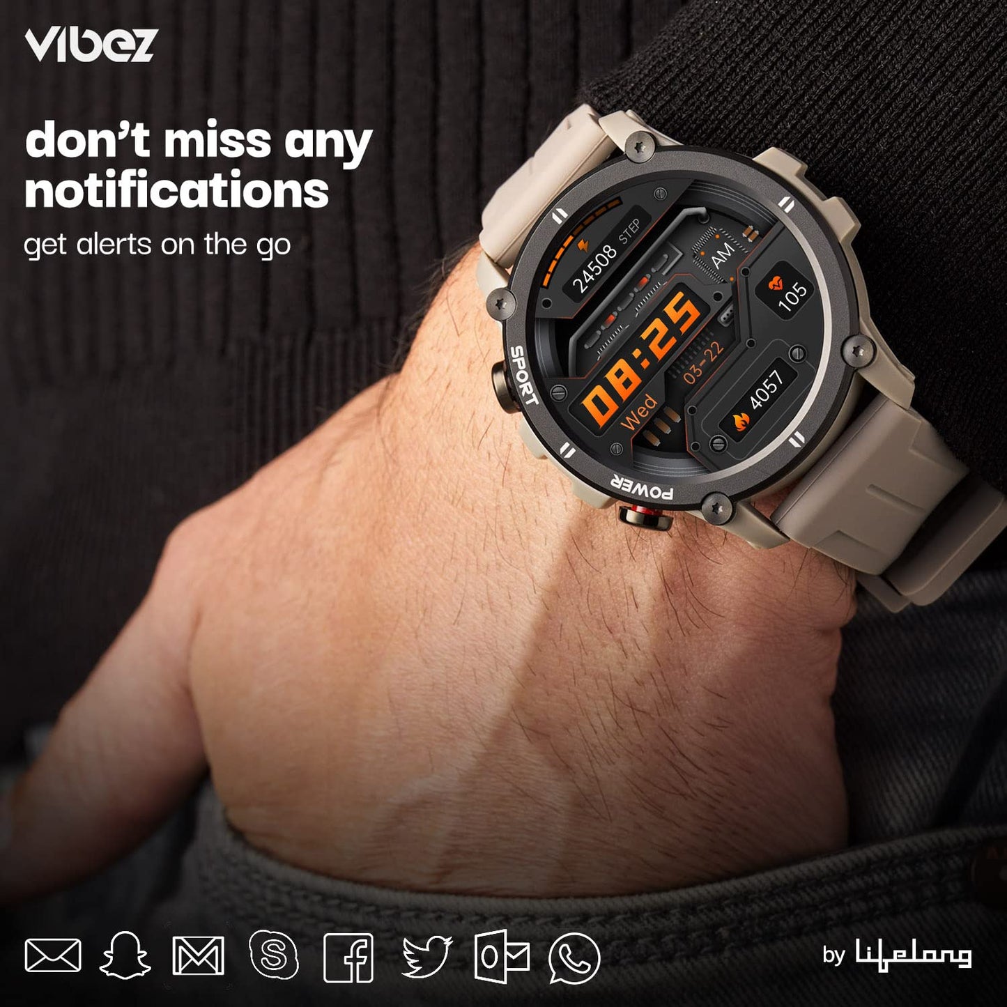 Vibez by Lifelong Haile Smartwatch For Men with HD Display|24x7 Heart Rate & Blood Oxygen Tracking|24 Sports Mode|Sleep Monitor|IP67 Waterproof|7 days Battery Backup (VBSWM1008, 1 Year Manufacturer Warranty, Grey)