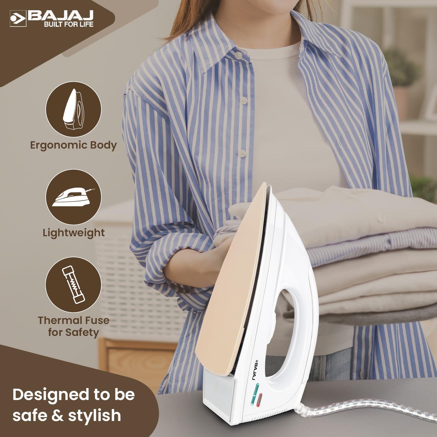 Bajaj DX-7 1000 Watts Dry Iron | Advance Soleplate And Anti-Bacterial German Coating Technology | Light Weight Iron | Thermal Safety Fuse | 360 Degree Swivel Cord | 2-Yrs Warranty 【White】