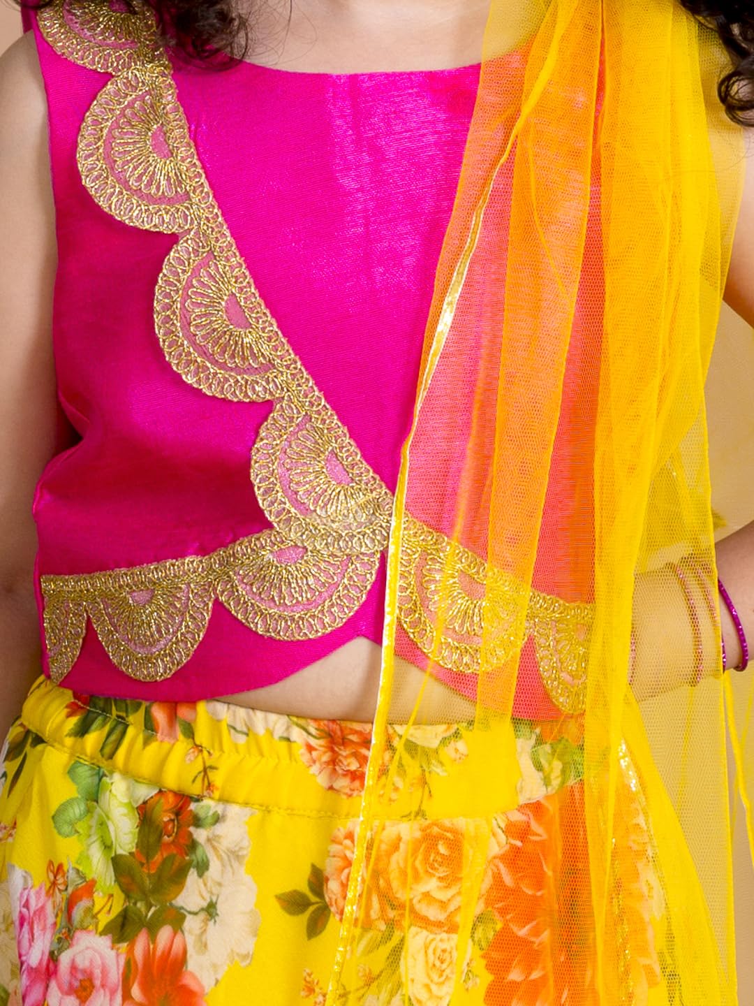 Pspeaches Girl's Yellow Pink Embroidered Polyester Readymade Lehenga Choli Set(Yellow-5-6Y)