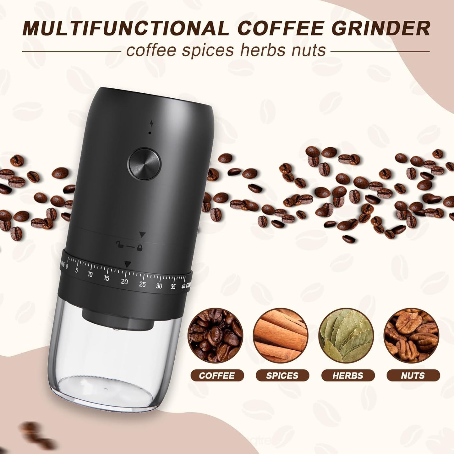Turimon Electric Coffee Grinder for Home, Rechargeable & Portable Crusher for Beans,Spices & Herbs, Multifunctional Grinder with Ceramic Conical Burr Mill & 40 Adjustable Grind Settings (KMDJ-2AW)
