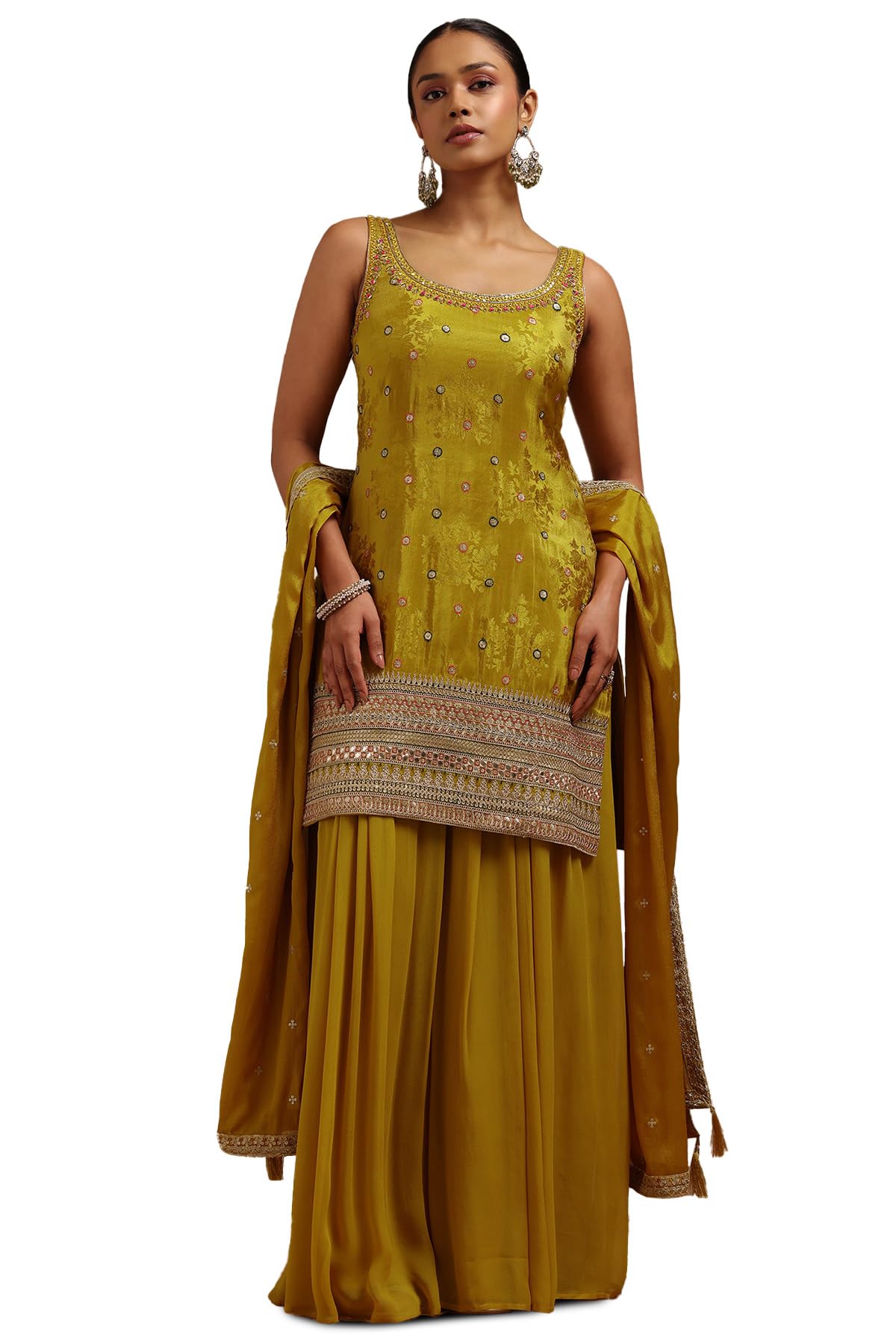 Soch Womens Mustard Tissue Embroidered Salwar Suit With Mirror Work